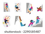 Set of climber characters flat style, vector illustration isolated on white background. Sport and leisure, people training, travel in mountains, active lifestyle