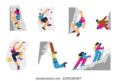 Set of climber characters flat style, vector illustration isolated on white background. Sport and leisure, people training, travel in mountains, active lifestyle