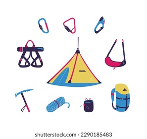 Conjunto de equipos de escalador de estilo plano, ilustración vectorial aislada en fondo blanco. Colección de elementos de diseño decorativos, herramientas de protección de montañismo