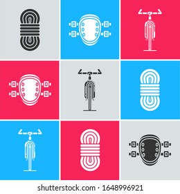 Set Climber rope, Knee pads and Bicycle icon. Vector