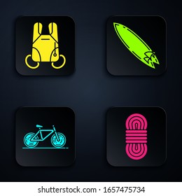 Set Climber rope, Parachute, Bicycle and Surfboard. Black square button. Vector
