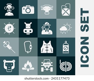 Set Climber rope, Spray against insects, Cloud with rain, African buffalo head, Hippo or Hippopotamus, Sun, tribe male and Hunter icon. Vector