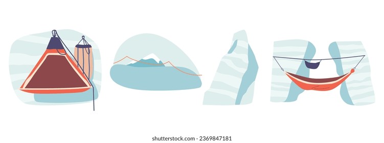 Set Of Climbing Bivouac And Hammock Equipment, Icy Rocks, Mountain Walls. Extreme Sport, Mountaineering Activity