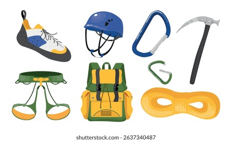 Set of climbing equipment in cartoon style.Vector illustration: briefcase, rigging carabiner, crust, rope, shoes, insurance system,helmet isolated on white background.Climbing on rocks, climbing wall.