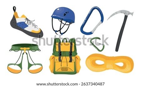 Set of climbing equipment in cartoon style.Vector illustration: briefcase, rigging carabiner, crust, rope, shoes, insurance system,helmet isolated on white background.Climbing on rocks, climbing wall.