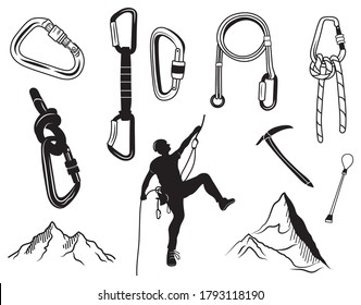 Set of climbing equipment. Collection of silhouette items for mountaineering rest ice ax, cable, carbines. Safe ascent up the mountain. Vector illustration of travel tools for outdoor activities.