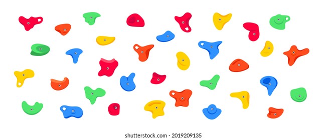 Set of climbing grips or holds in the gym bouldering training flat style design vector illustration set. Holds for the rock climbing walls. Crimps, jugs, pinches, slopers elements icon signs.