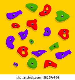 Set Of The Climbing Grips For The Climbing Wall. Holds For The Rock Climbing. Bouldering Grips. Climbing Wall Elements. Yellow Climbing Wall