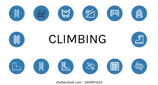 Set of climbing icons such as Ladder, Camping, Bungee jumping, Stair, Monkey bars, Climber, Boot, Mountain, Rope ladder, Rope, Boots , climbing