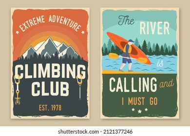 Set of climbing and kayaking retro posters. Vector. Vintage typography design with mountains and kayaker silhouette. Extreme sport kayak and climbing poster.