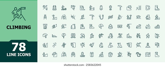 Set of Climbing line icons. Includes icons for adventure, outdoors, climber, tourism, hiking and more. Simple line vector. Editable vector icon and illustration.