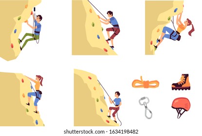 Set of climbing on mountain men cartoon characters and alpinism equipment, flat cartoon vector illustration isolated on white background. Mountaineering and adventure.