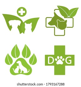 set Clinic pets logo dog and cat on green leaf background and medical cross