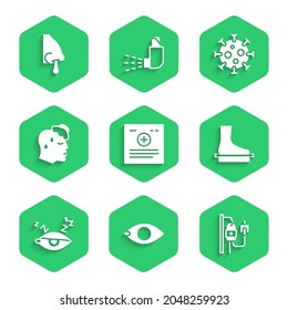 Fijar registro clínico, Ceguera, bolsa IV, pie plano, insomnio, alta temperatura corporal humana, virus e icono de la nariz rúnica. Vector