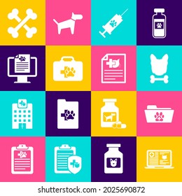 Set Clinical record cat on laptop, Medical veterinary folder, Dog and bone, Syringe with pet vaccine, Pet first aid kit and monitor icon. Vector