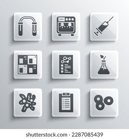 Set Clinical record, Cell division, Plant breeding, Periodic table, Test tube and flask and Syringe icon. Vector