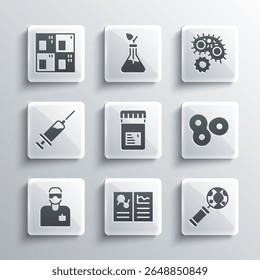 Definir Registro clínico, pesquisa de DNA, pesquisa, divisão celular, jarro com aditivos, assistente de laboratório, seringa, tabela periódica e ícone de vírus. Vetor