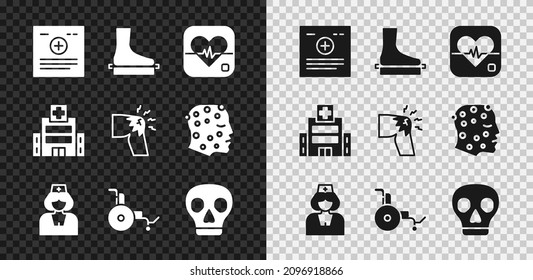 Set Clinical record, Flat foot, Heart rate, Nurse, Wheelchair, Skull, Medical hospital building and Joint pain, knee pain icon. Vector
