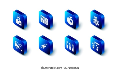 Fijar registro clínico, manzana modificada genéticamente, bacterias, pipeta y planta, frasco de reactivo, jeringa, mano de prótesis y icono auxiliar de laboratorio. Vector