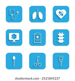 Establecer el registro clínico, tijeras médicas, muletas, columna vertebral humana, esperma, símbolo de la emergencia, corazón roto curado y el icono del estetoscopio. Vector