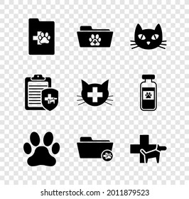 Set Clinical record pet, Medical veterinary folder, Cat, Paw print,  and Veterinary clinic icon. Vector