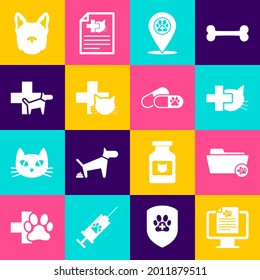 Poner mascota de registro clínico en monitor, carpeta veterinaria médica, clínica veterinaria, ubicación e icono. Vector