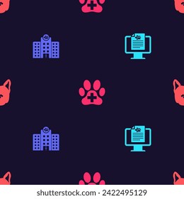 Poner la mascota del registro clínico en control, hospital de medicina veterinaria, clínica y perro en un patrón ininterrumpido. Vector