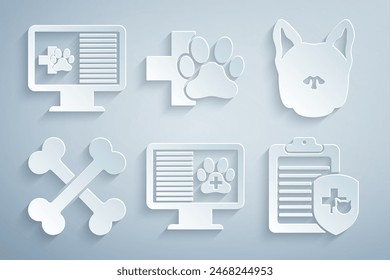 Set Clinical record pet on monitor, Dog, Crossed bones, , Veterinary clinic and  icon. Vector