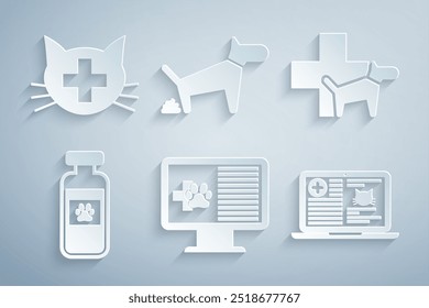 Establecer registro clínico en el monitor de mascotas, clínica veterinaria, vial de mascotas médico, portátil de gato, caca de perro e icono. Vector