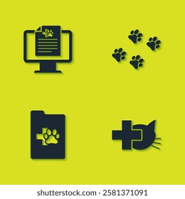 Set Clinical record pet on monitor, Veterinary clinic,  and Paw print icon. Vector