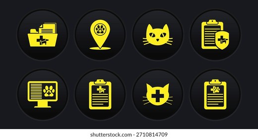 Establecer registro clínico mascota en monitor, , Clínica veterinaria, Gato y Locación icono veterinario. Vector