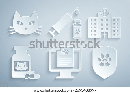 Set Clinical record pet on monitor, Veterinary medicine hospital, Cat bottle and pills, Animal health insurance, Syringe with vaccine and  icon. Vector