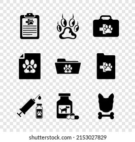 Set Clinical record pet, Paw print, Pet first aid kit, Syringe with vaccine, Dog medicine bottle and pills and bone icon. Vector