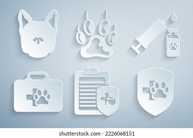 Set Clinical record pet, Syringe with vaccine, Pet first aid kit, Animal health insurance, Paw print and Dog icon. Vector