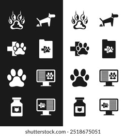 Set Klinischer Rekord Haustier, Tierklinik, Pfotenabdruck, Hundekacke, und auf Monitor-Symbol. Vektorgrafik