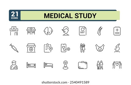 Set of Clinical Study line icons. Containing laboratory, lab, biotech, biochemistry, treatment, medicine, clinical and more. Outline symbol collection. Vector illustration in modern line style.