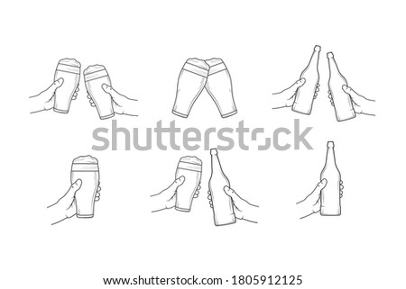 Set of clinking bottles, glasses of beer, hands holding ale pint with cheers. Vector isolated illustration. Icons for pub background. Labels for brewery or bar.