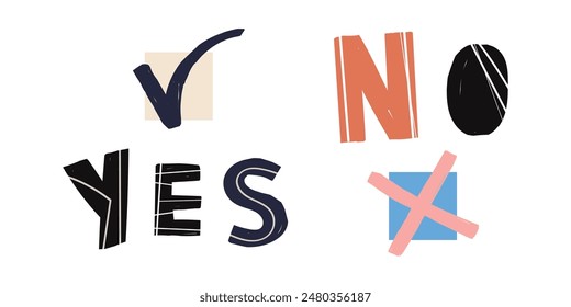 A set of clip art with a check mark, a sign of the cross. 3d minimalist style. Symbols of acceptance, rejection and attention. Hand drawn vector illustration