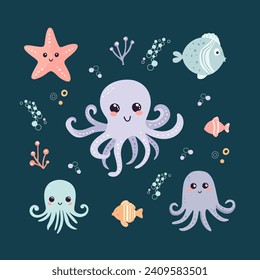 Set of clip art with cute baby sea fishes, starfish, octopus, fish on a white background. Cartoon characters for children's textiles, clothing, wallpaper, wrapping and print fabric.