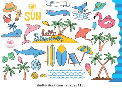 A set of clip art decorations with summer themes,
