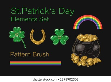Set, clip art of design elements for St Patricks day in vintage style. Jewelry charms clover, shamrock, golden horseshoe, pot full of golden coins, rainbow pattern brush. Black background