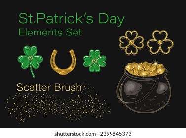 Set, clip art of design elements for St Patricks day in vintage style. Jewelry charms clover, shamrock, golden horseshoe, pot full of golden coins, design element scatter brush Golden dust