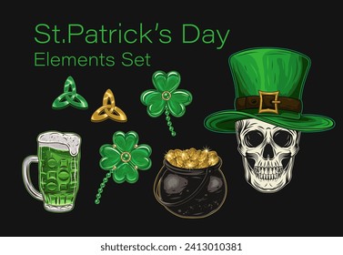 Set, imagen prediseñada de elementos de diseño para el día de St Patricks en estilo vintage. Atrapado de encantos de joyas, shamrock, triskele, olla llena de monedas de oro, cerveza verde. Calavera humana con sombrero alto.