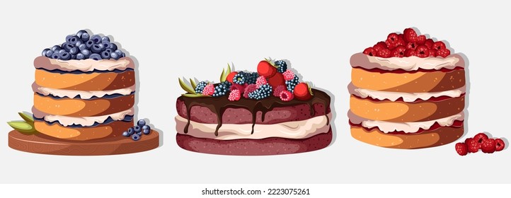 Conjunto de elementos de pinturas para panaderías, pastelería, cocina, concepto de productos de cocción. Ilustración vectorial de arándano, frambuesa, tartas de berry con crema aislada en blanco. 