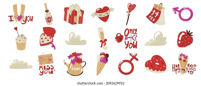 Set with clip art elements for valentines day. All lovers Day elements. Quote Happy Valentines Day. Chocolate, champagne, cupcake, ice cream, strawberry, Lollipop. Flat style in vector illustration. 