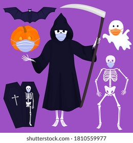 Set of clip art for Halloween. Skeleton, death with scythe, pumpkin, ghost, bat wear protective masks. Traditional characters and objects for creating invitations, cards, posters for safe celebration.