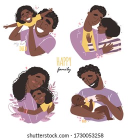 set clip art of a happy smiling african american families isolated on white background. Happy childhood concept.