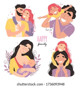 set clip art of a happy smiling families isolated on white background. Happy chidhood concept.