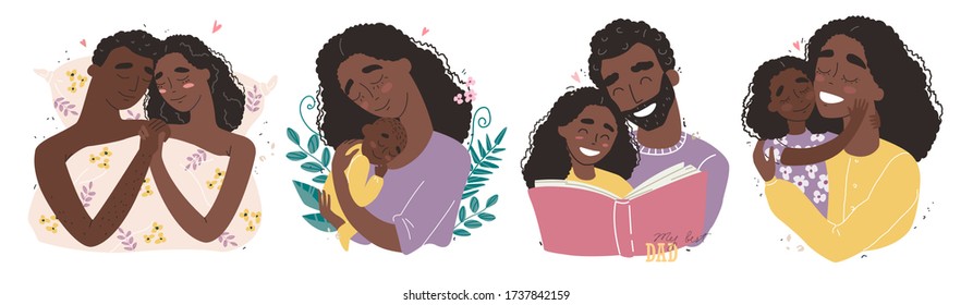 set clip art of a happy smiling black african american families isolated on white background. Happy chidhood concept.