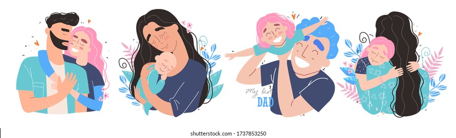 set clip art of a happy smiling families isolated on white background. Happy chidhood concept.